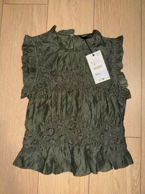 Zara Olive Green Beaded Ruffle Sleeve Blouse